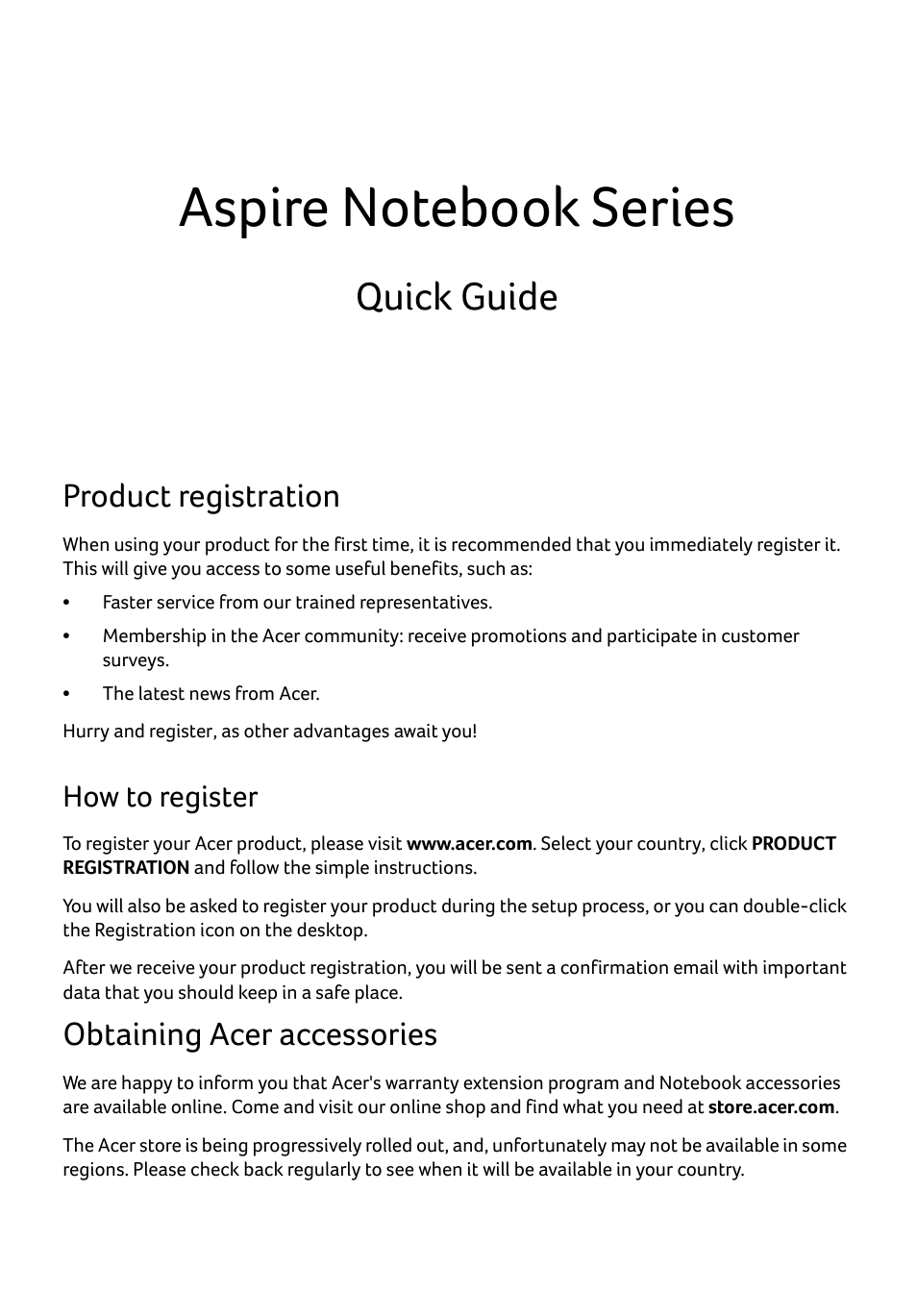 English, Product registration, How to register | Obtaining acer accessories, Quick guide | Acer Aspire E1-531 User Manual | Page 3 / 308