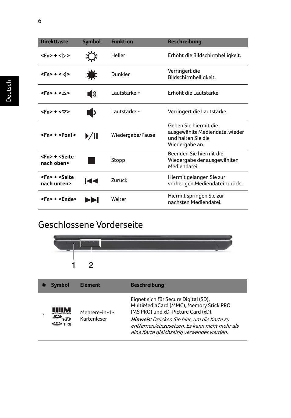 Geschlossene vorderseite | Acer Aspire E1-531 User Manual | Page 30 / 308