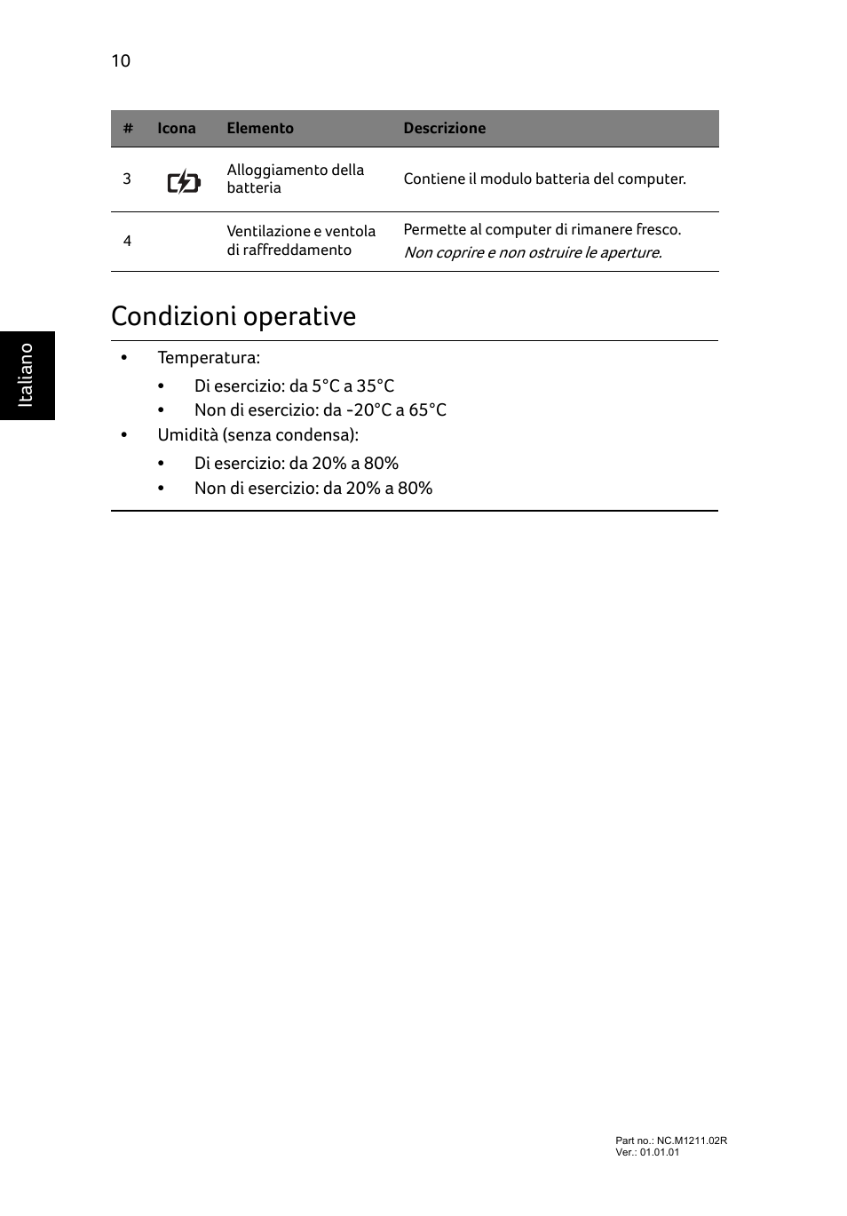 Condizioni operative | Acer Aspire E1-531 User Manual | Page 44 / 308