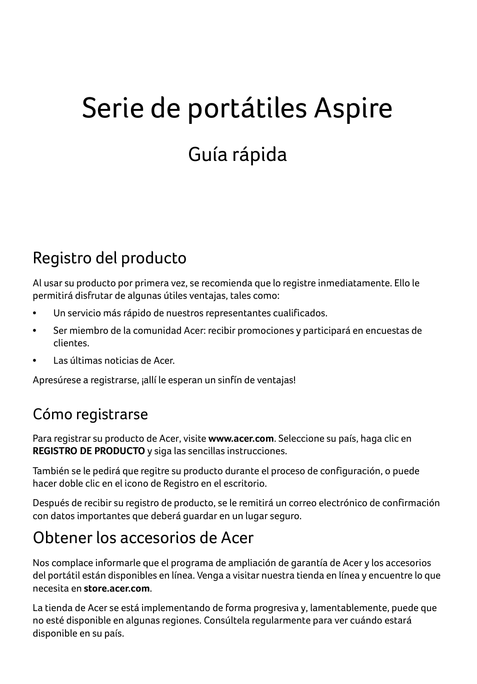 Español, Registro del producto, Cómo registrarse | Obtener los accesorios de acer, Serie de portátiles aspire, Guía rápida | Acer Aspire E1-531 User Manual | Page 45 / 308