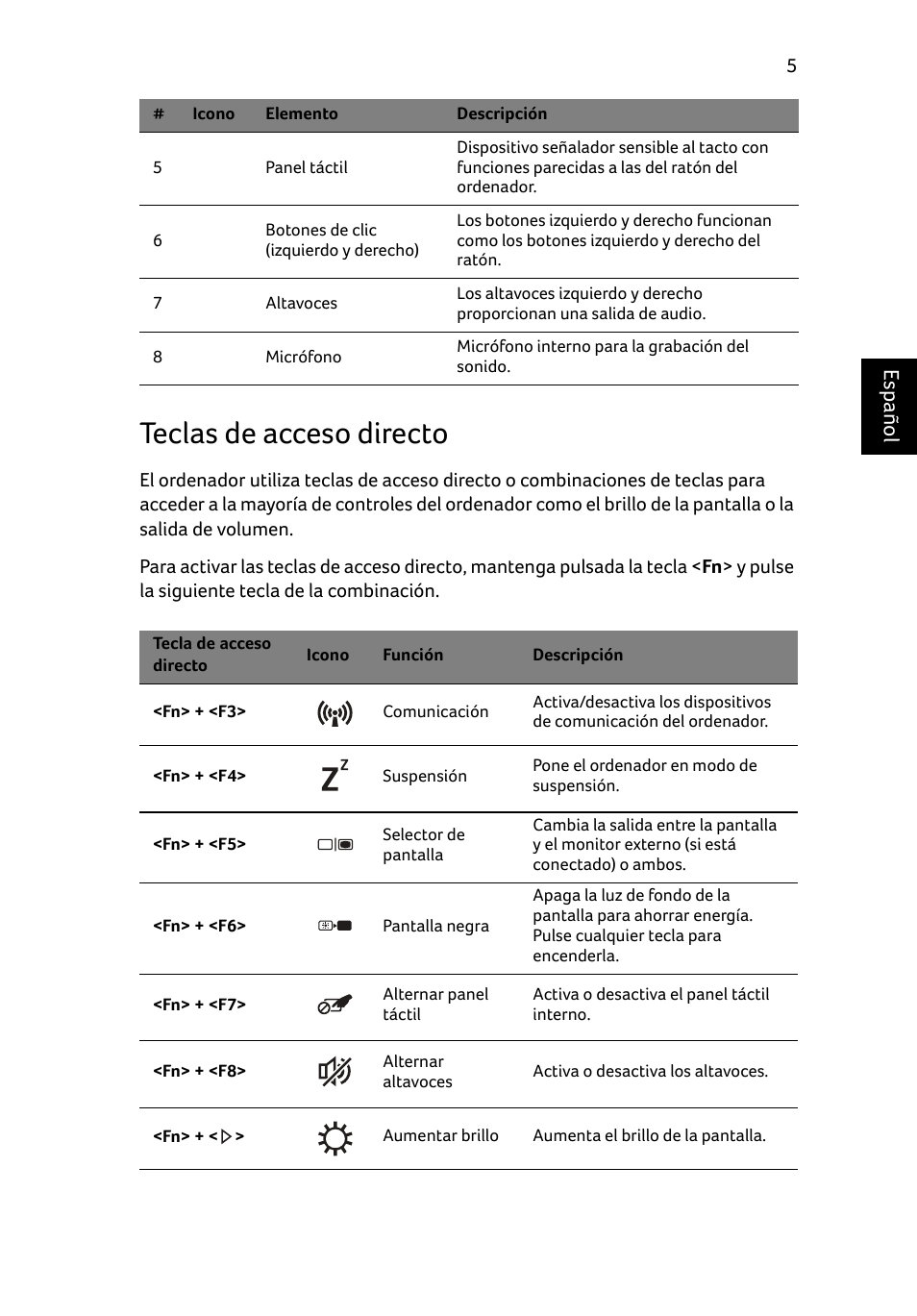 Teclas de acceso directo, Español | Acer Aspire E1-531 User Manual | Page 49 / 308