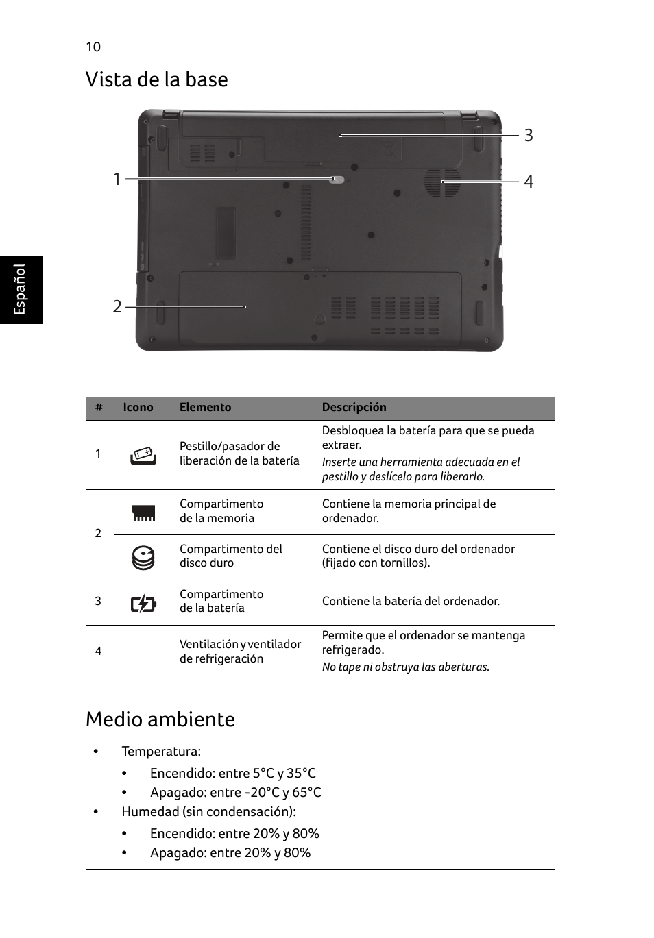 Vista de la base, Medio ambiente, Vista de la base medio ambiente | Acer Aspire E1-531 User Manual | Page 54 / 308
