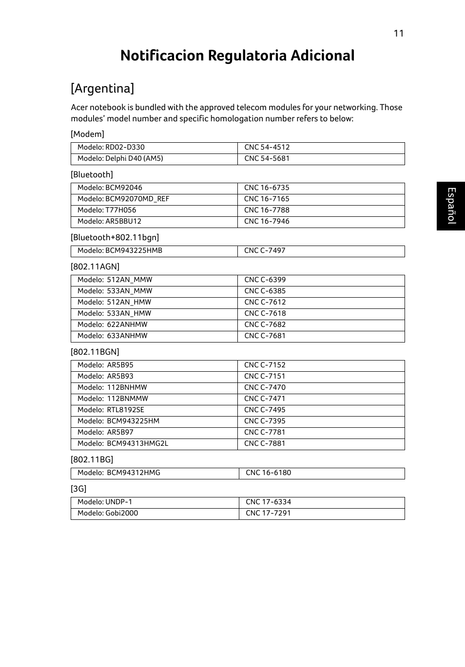 Notificacion regulatoria adicional, Argentina, Español | Acer Aspire E1-531 User Manual | Page 55 / 308