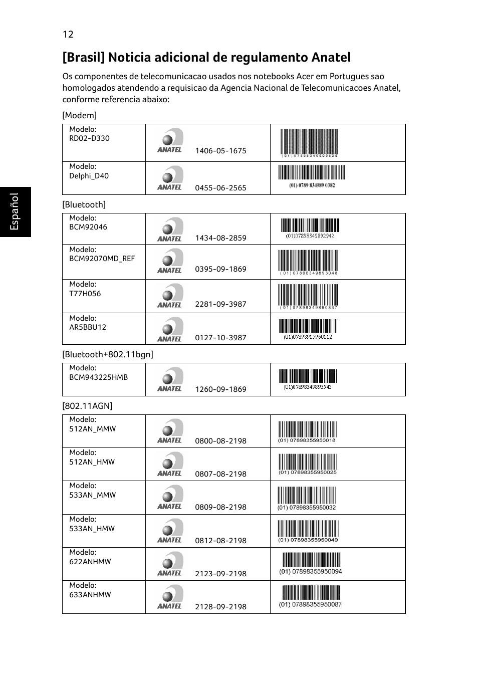 Brasil] noticia adicional de regulamento anatel, Es pa ño l | Acer Aspire E1-531 User Manual | Page 56 / 308