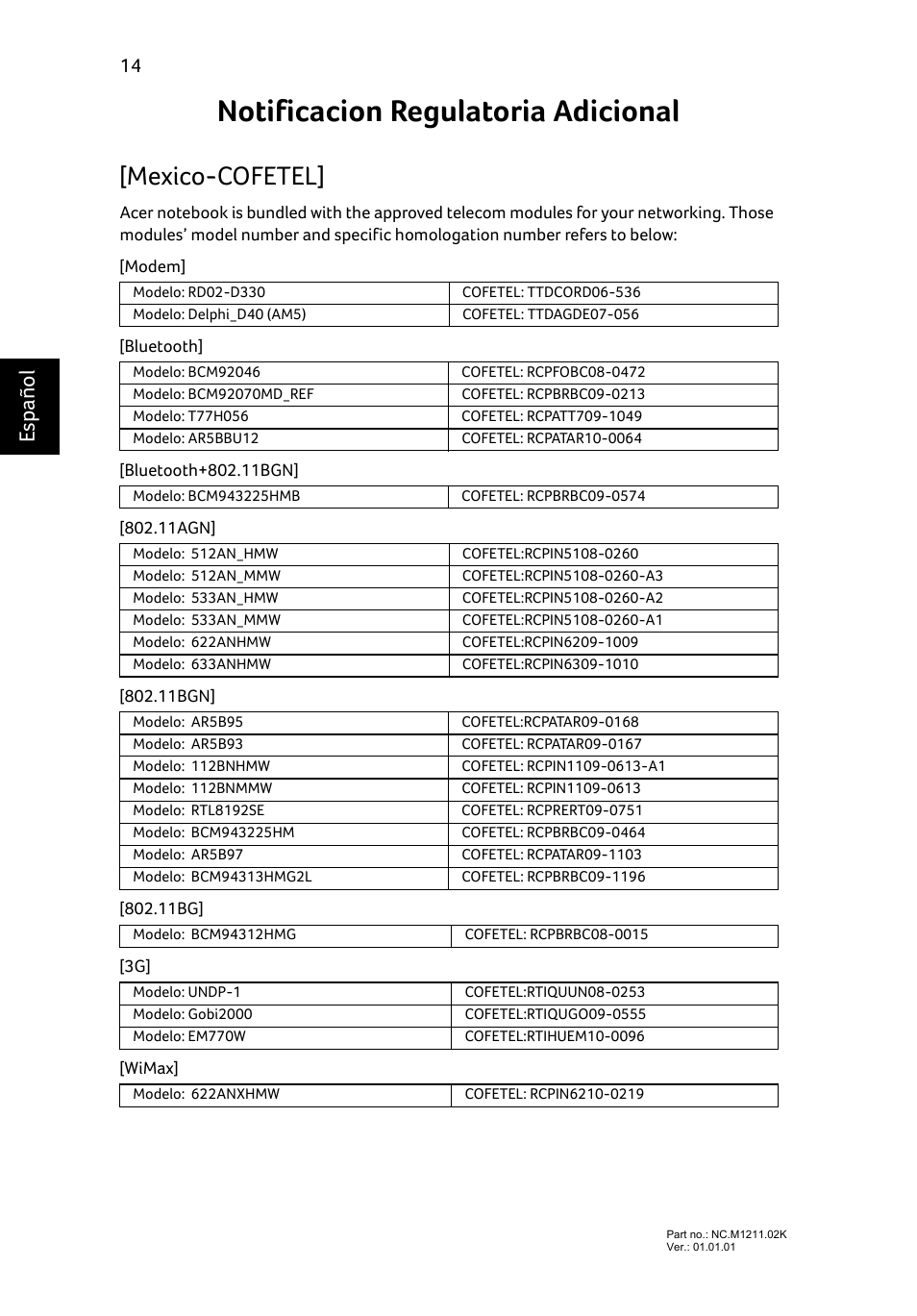 Notificacion regulatoria adicional, Mexico-cofetel, Es pa ño l | Acer Aspire E1-531 User Manual | Page 58 / 308