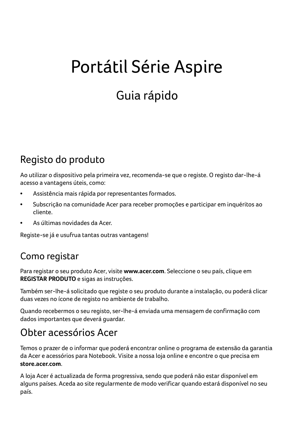 Português, Registo do produto, Como registar | Obter acessórios acer, Portátil série aspire, Guia rápido | Acer Aspire E1-531 User Manual | Page 59 / 308