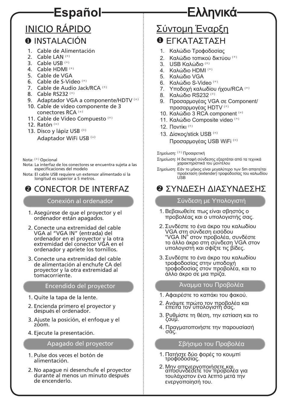 Español, Ελληνικά, Inicio rápido | Σύντομη έναρξη, Instalación, Conector de interfaz, Εγκατaσταση, Συνδεση διασυνδεσησ | Acer P1276 User Manual | Page 5 / 18