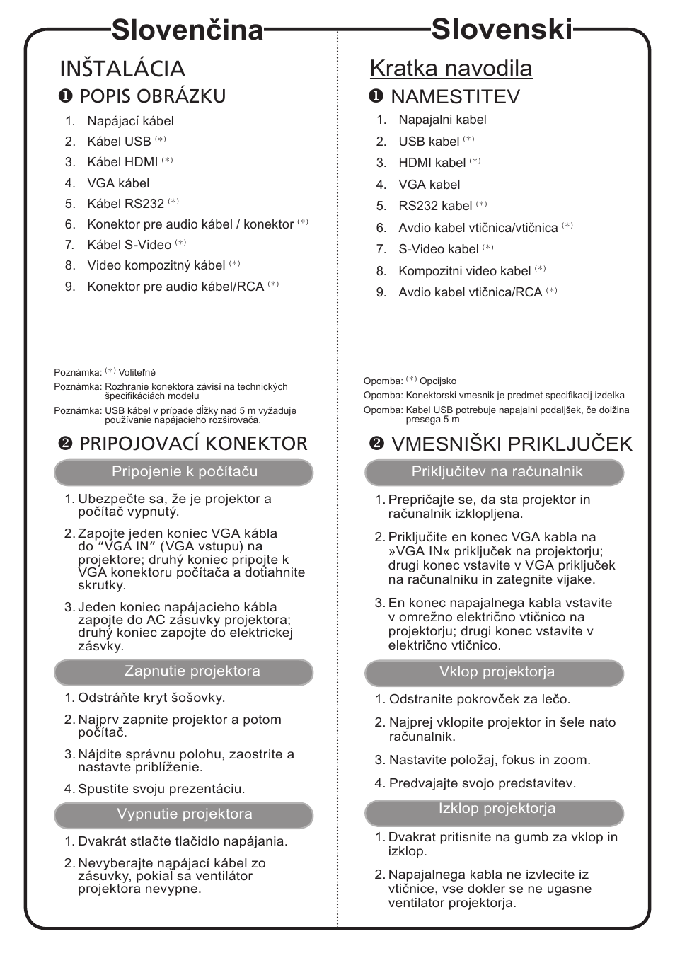 Slovenski, Slovenčina, Kratka navodila | Inštalácia, Namestitev, Vmesniški priključek, Popis obrázku, Pripojovací konektor | Acer X1263 User Manual | Page 11 / 18