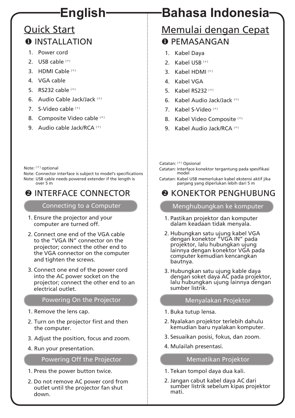 English, Bahasa indonesia, Quick start | Memulai dengan cepat, Installation, Interface connector, Pemasangan, Konektor penghubung | Acer X1263 User Manual | Page 2 / 18