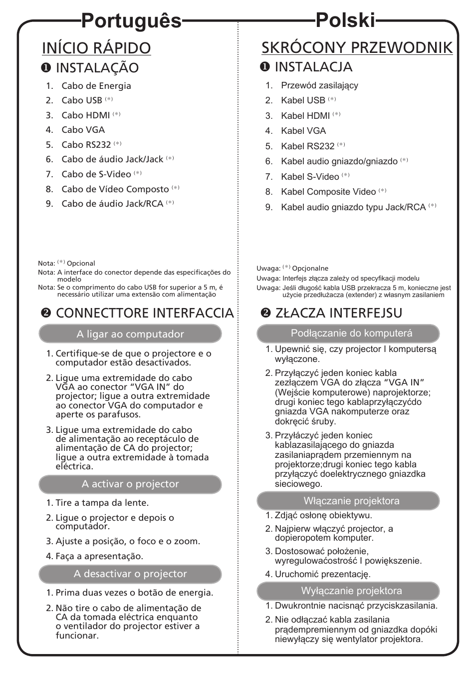 Português, Polski, Início rápido | Skrócony przewodnik, Instalação, Connecttore interfaccia, Instalacja, Złacza interfejsu | Acer X1263 User Manual | Page 9 / 18