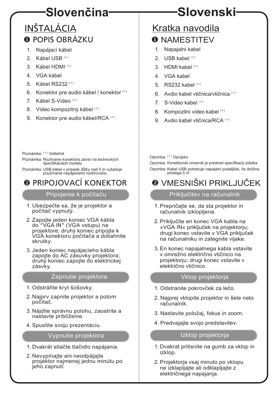 Slovenski, Slovenčina, Kratka navodila | Inštalácia, Namestitev, Vmesniški priključek, Popis obrázku, Pripojovací konektor | Acer X1263N User Manual | Page 11 / 18