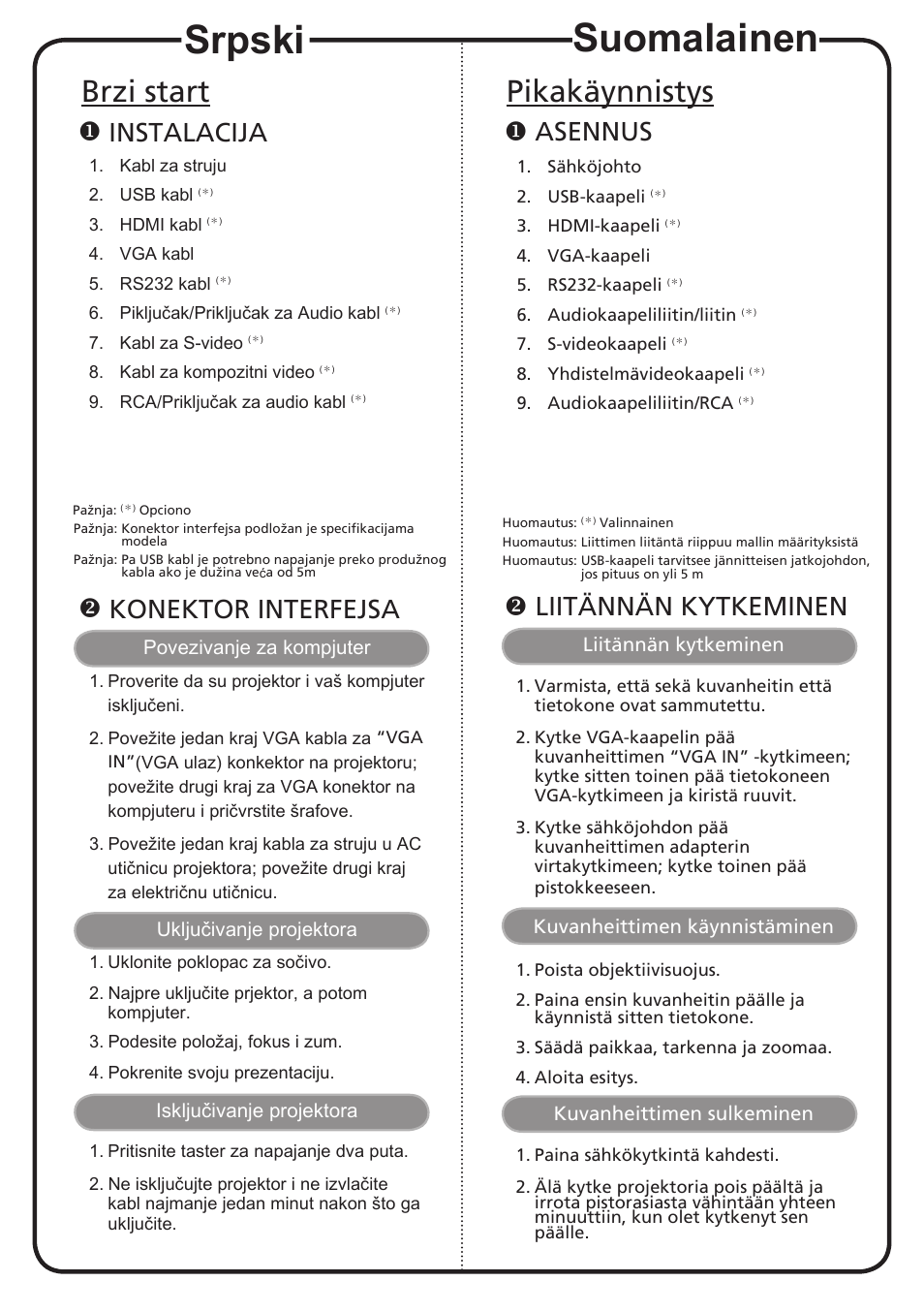 Suomalainen, Srpski, Pikakäynnistys | Brzi start, Asennus, Liitännän kytkeminen, Instalacija, Konektor interfejsa | Acer X1263N User Manual | Page 12 / 18