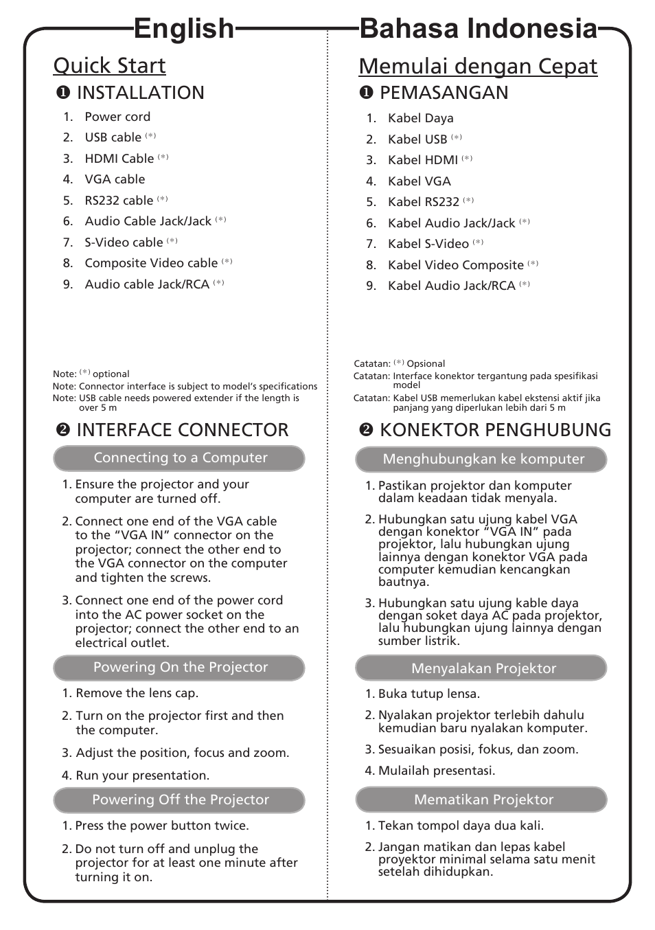 English, Bahasa indonesia, Quick start | Memulai dengan cepat, Installation, Interface connector, Pemasangan, Konektor penghubung | Acer X1263N User Manual | Page 2 / 18