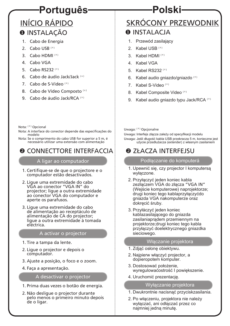 Português, Polski, Início rápido | Skrócony przewodnik, Instalação, Connecttore interfaccia, Instalacja, Złacza interfejsu | Acer X1263N User Manual | Page 9 / 18