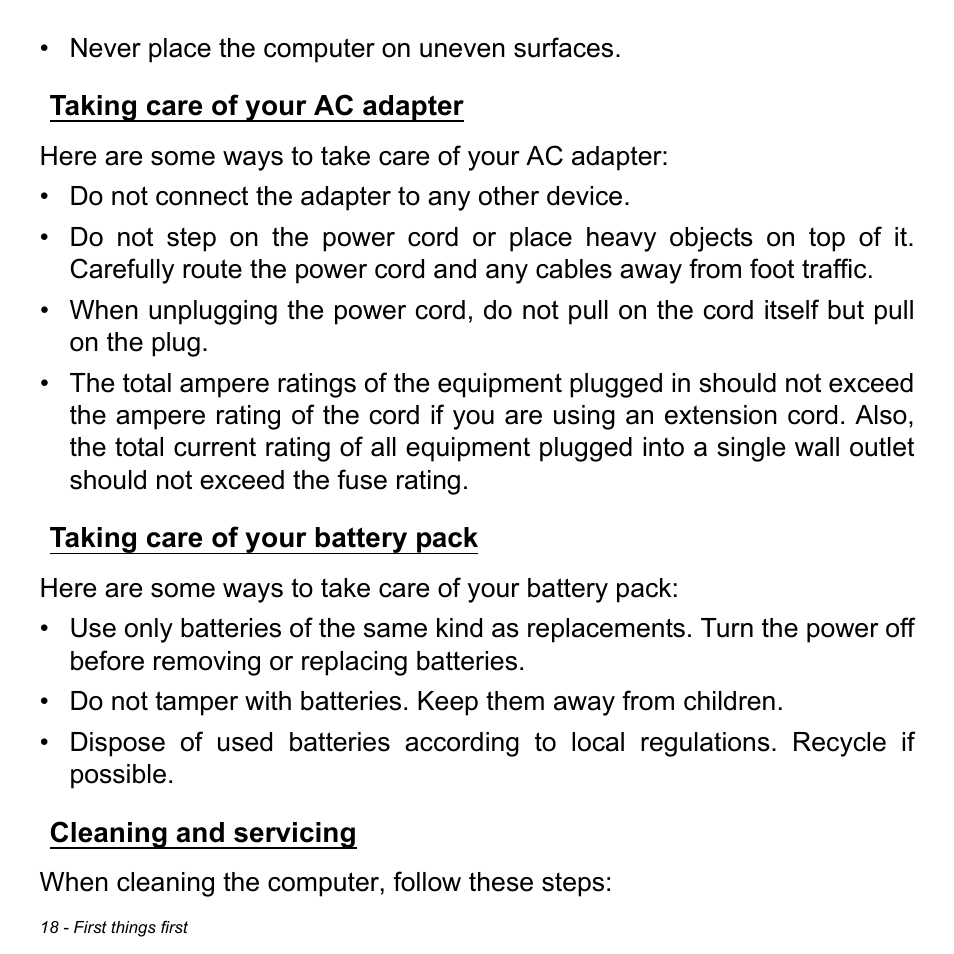 Taking care of your ac adapter, Taking care of your battery pack, Cleaning and servicing | Acer Aspire M5-583P User Manual | Page 18 / 110