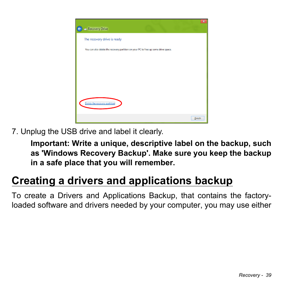 Creating a drivers and applications backup | Acer Aspire M5-583P User Manual | Page 39 / 110