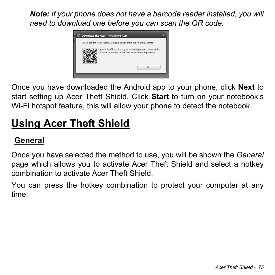 Using acer theft shield, General | Acer Aspire M5-583P User Manual | Page 75 / 110