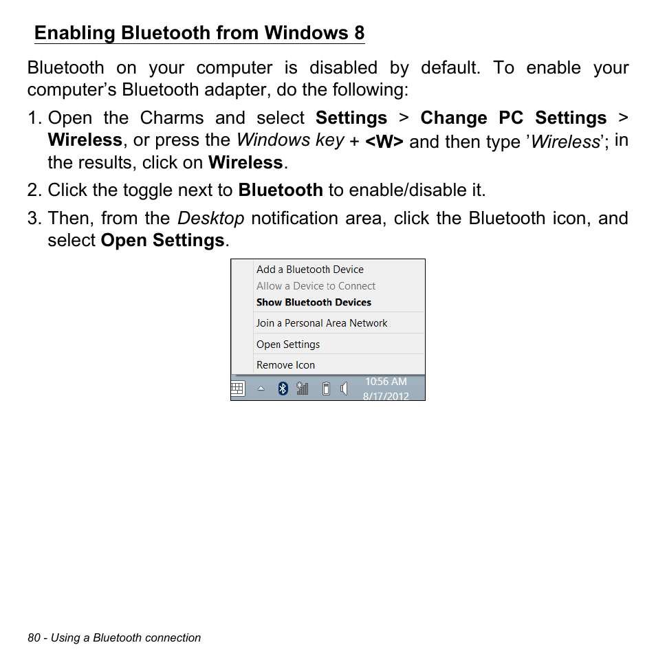Enabling bluetooth from windows 8 | Acer Aspire M5-583P User Manual | Page 80 / 110