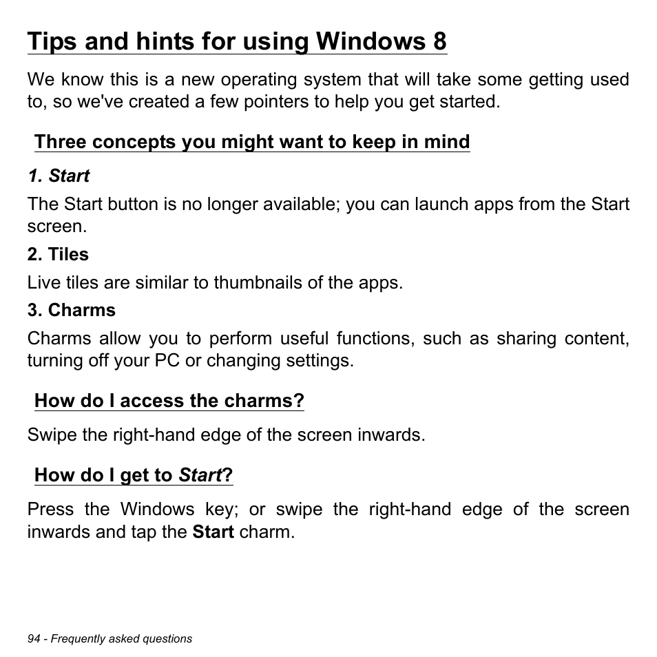 Tips and hints for using windows 8, Three concepts you might want to keep in mind, How do i access the charms | How do i get to start | Acer Aspire M5-583P User Manual | Page 94 / 110