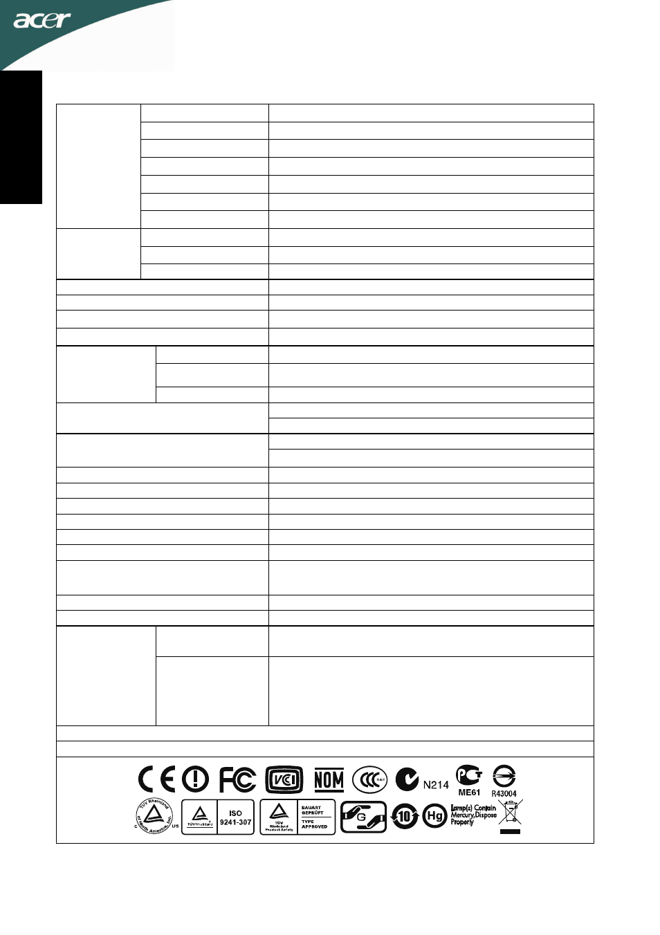 Specifiche, Ita lia no | Acer D241H User Manual | Page 17 / 58