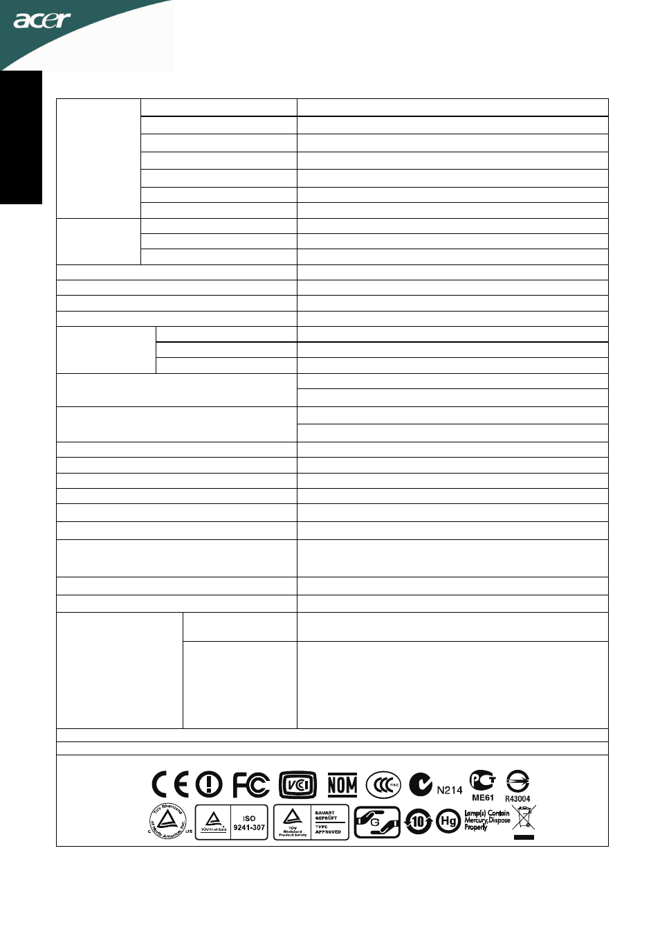 Specifikationer, Po rt u gu кs | Acer D241H User Manual | Page 23 / 58