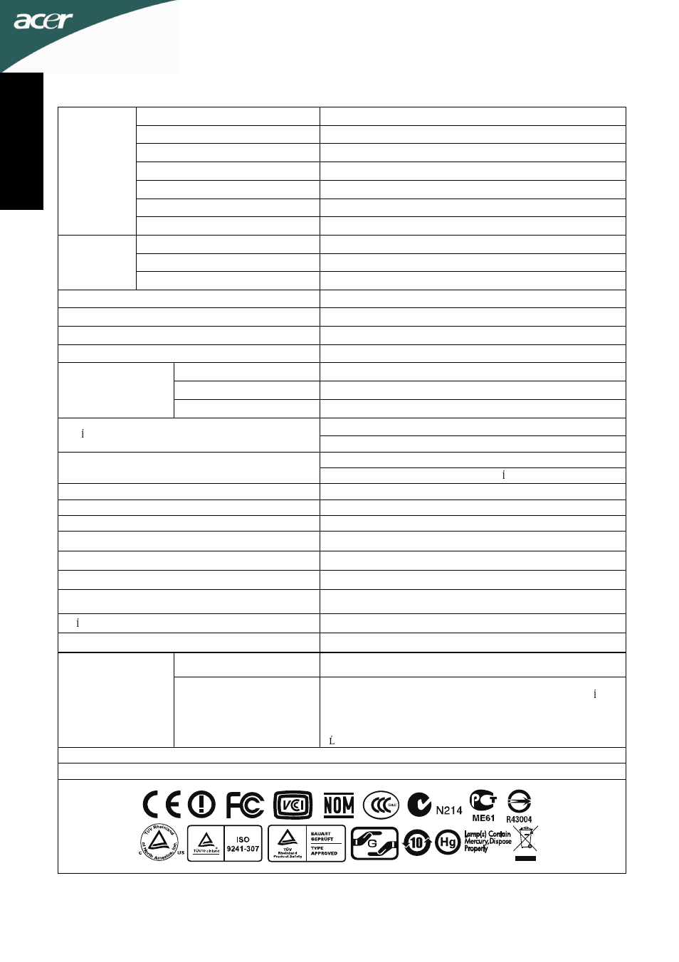 Specifikationer, Sv en ska | Acer D241H User Manual | Page 27 / 58