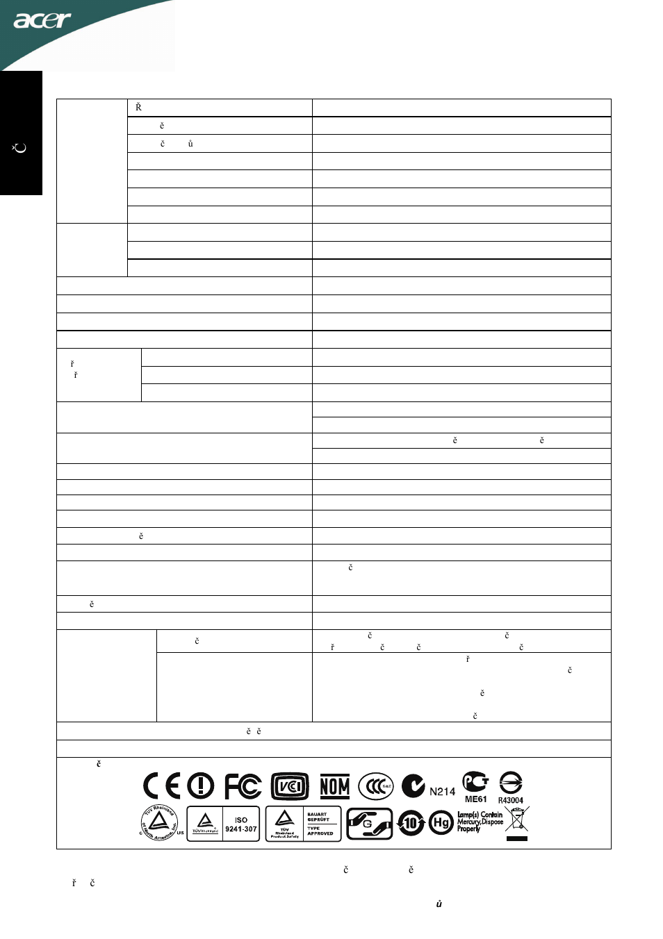 Specifikace, Česky | Acer D241H User Manual | Page 29 / 58