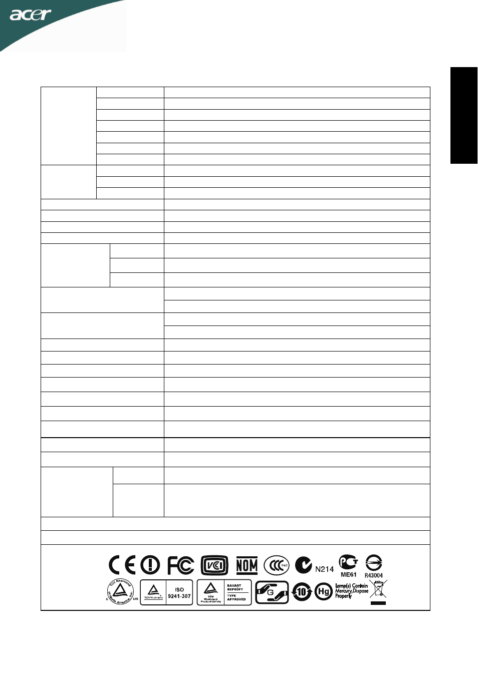 Specification, Eng lish | Acer D241H User Manual | Page 4 / 58