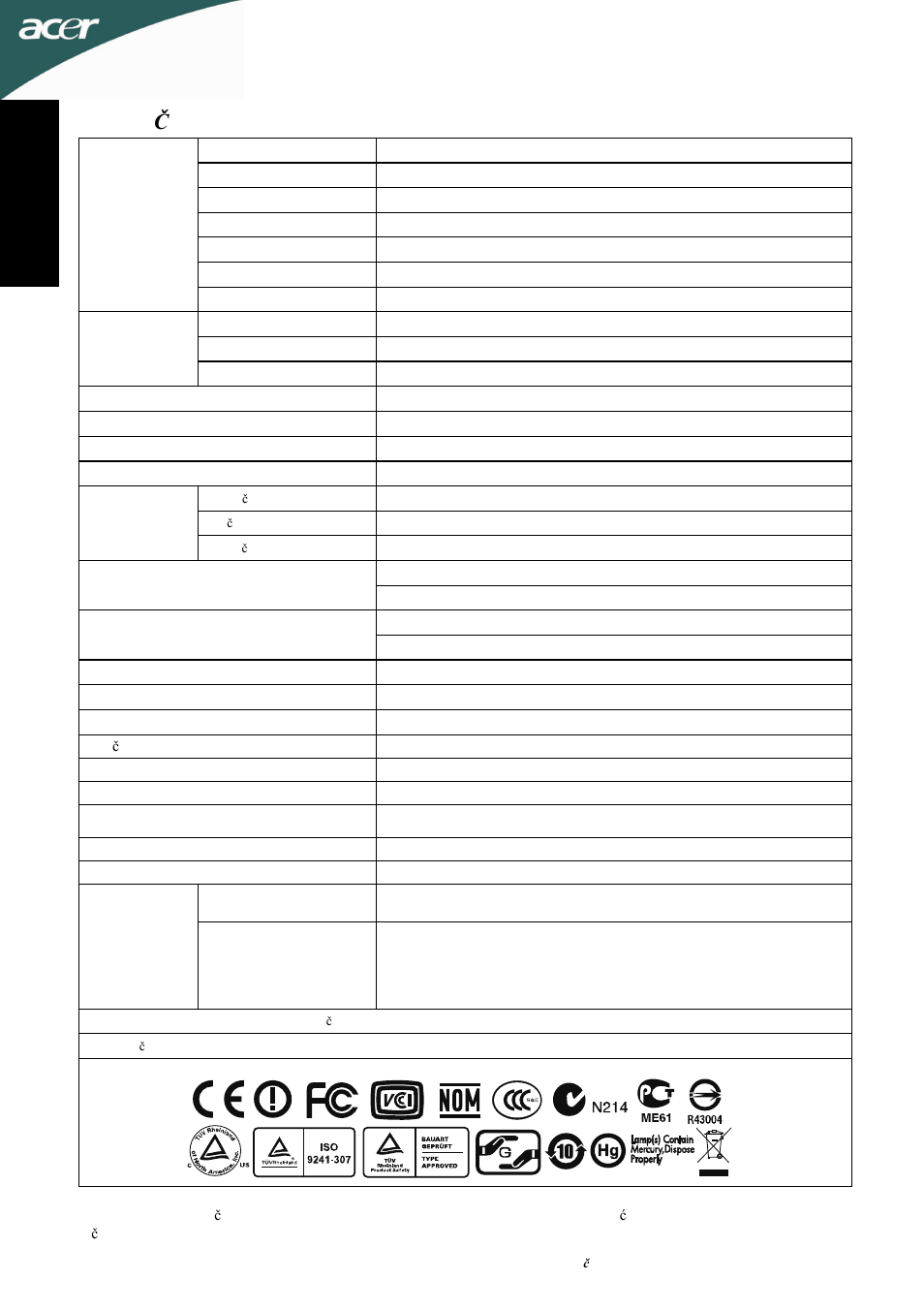 Tehni č ke karakteristi ke, Hr vatski | Acer D241H User Manual | Page 47 / 58
