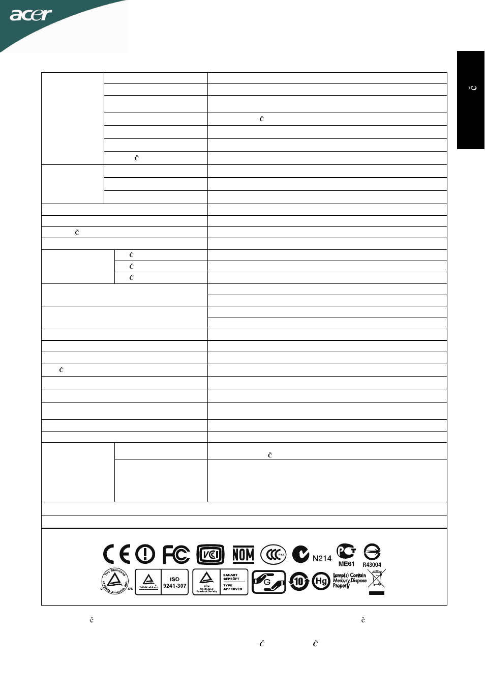 Tehnicni podatki, Slo ve nš či na | Acer D241H User Manual | Page 56 / 58