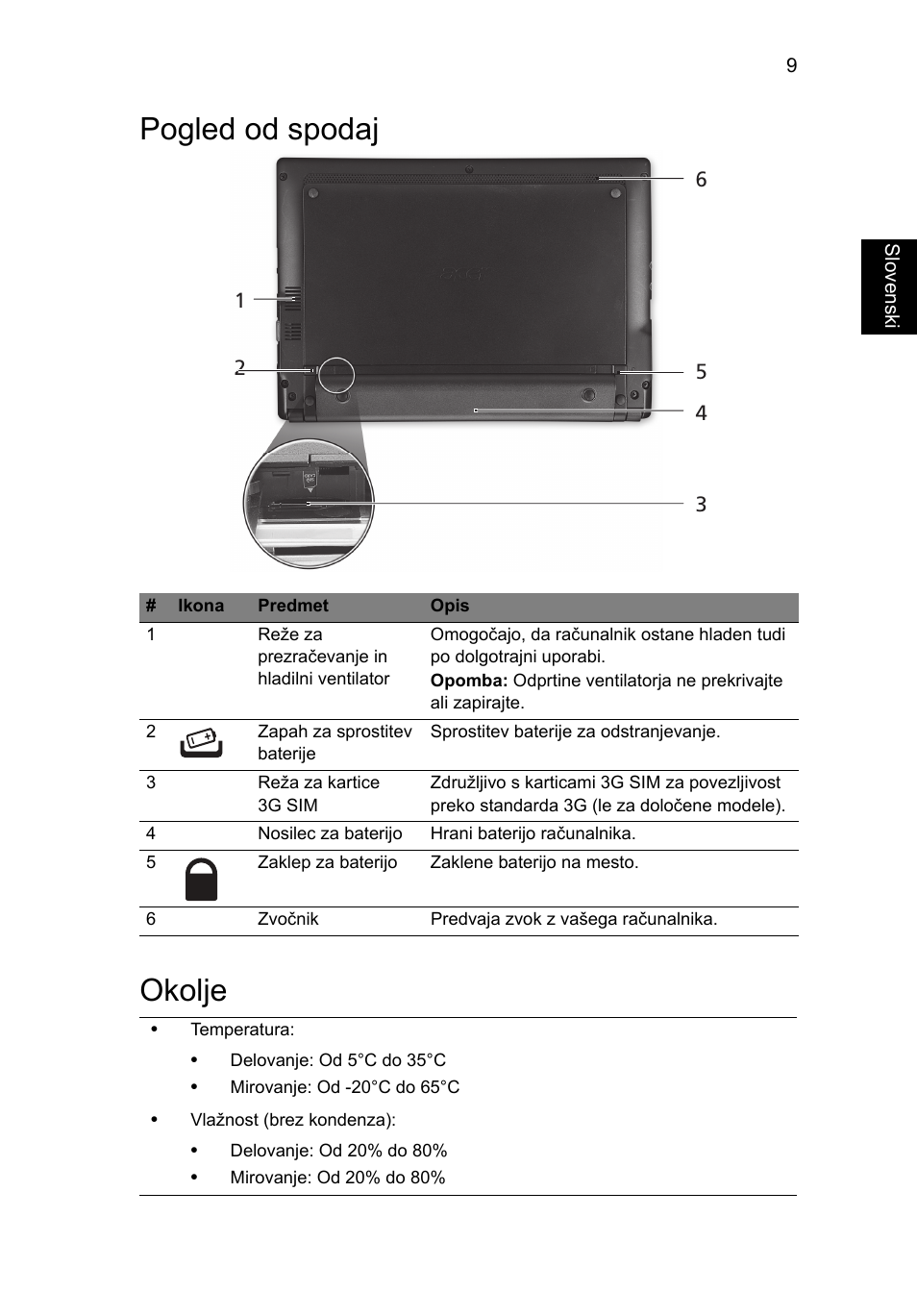 Pogled od spodaj, Okolje, Pogled od spodaj okolje | Acer AOD255E User Manual | Page 175 / 300