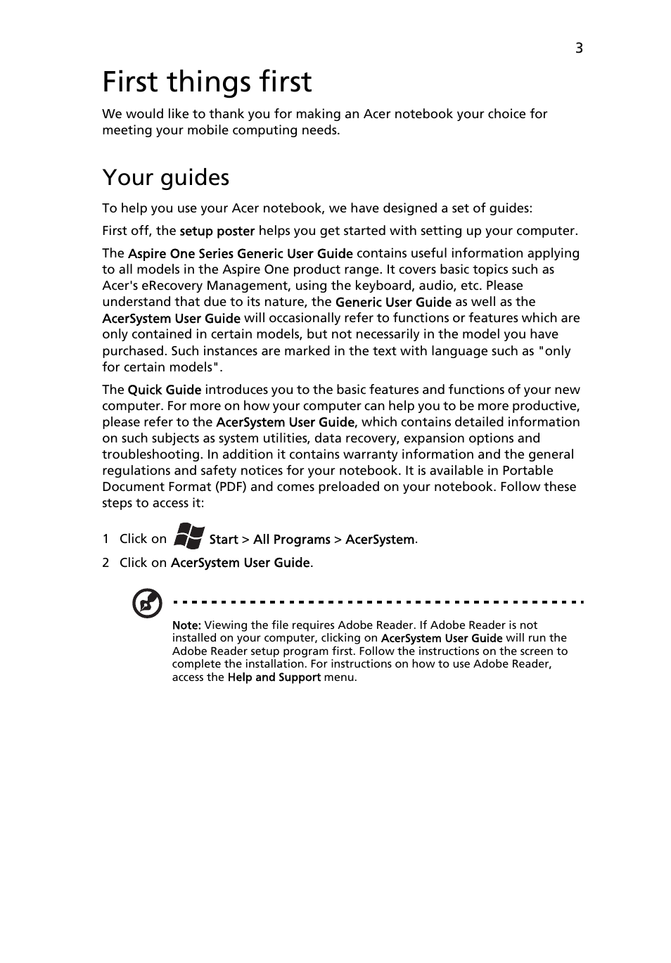 First things first, Your guides | Acer AOD255E User Manual | Page 5 / 300