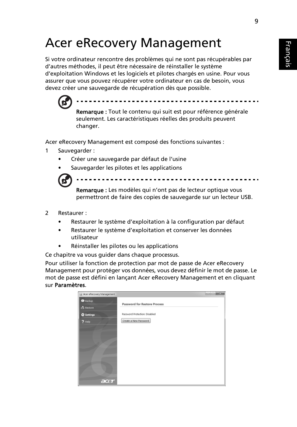 Acer erecovery management, Français | Acer Aspire 4253 User Manual | Page 107 / 2348