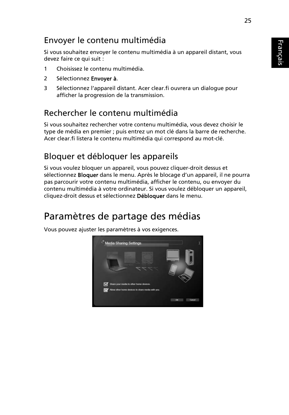 Paramètres de partage des médias, Envoyer le contenu multimédia, Rechercher le contenu multimédia | Bloquer et débloquer les appareils, Français | Acer Aspire 4253 User Manual | Page 123 / 2348