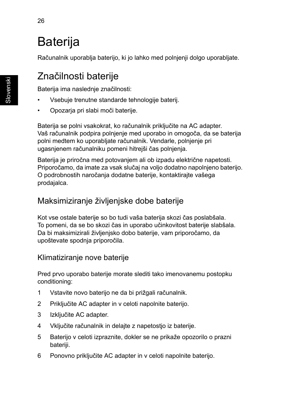 Baterija, Značilnosti baterije, Maksimiziranje življenjske dobe baterije | Acer Aspire 4253 User Manual | Page 1262 / 2348