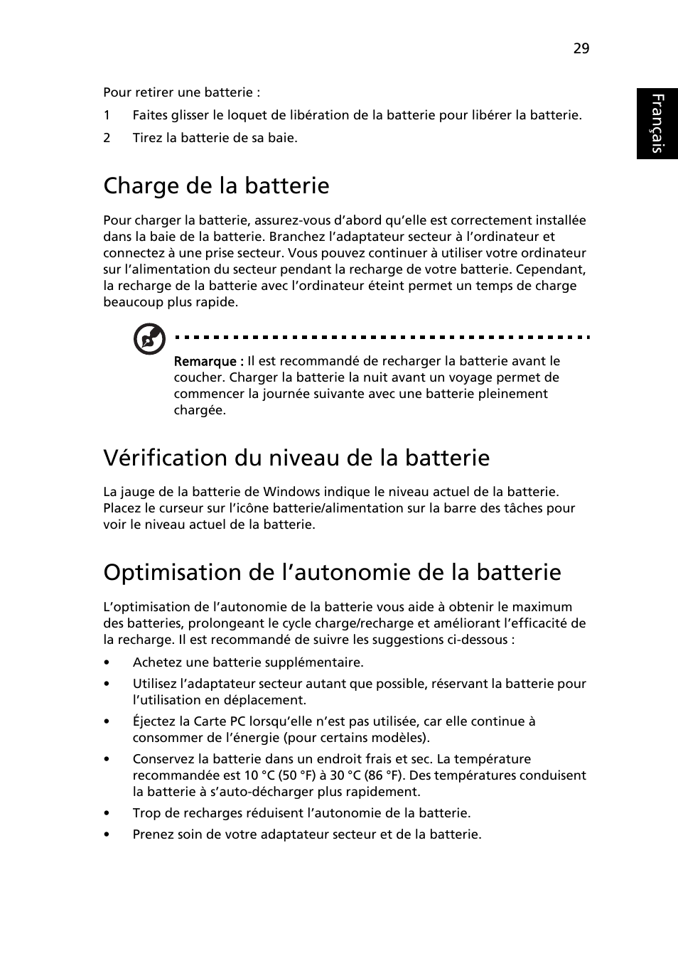 Charge de la batterie, Vérification du niveau de la batterie, Optimisation de l’autonomie de la batterie | Français | Acer Aspire 4253 User Manual | Page 127 / 2348
