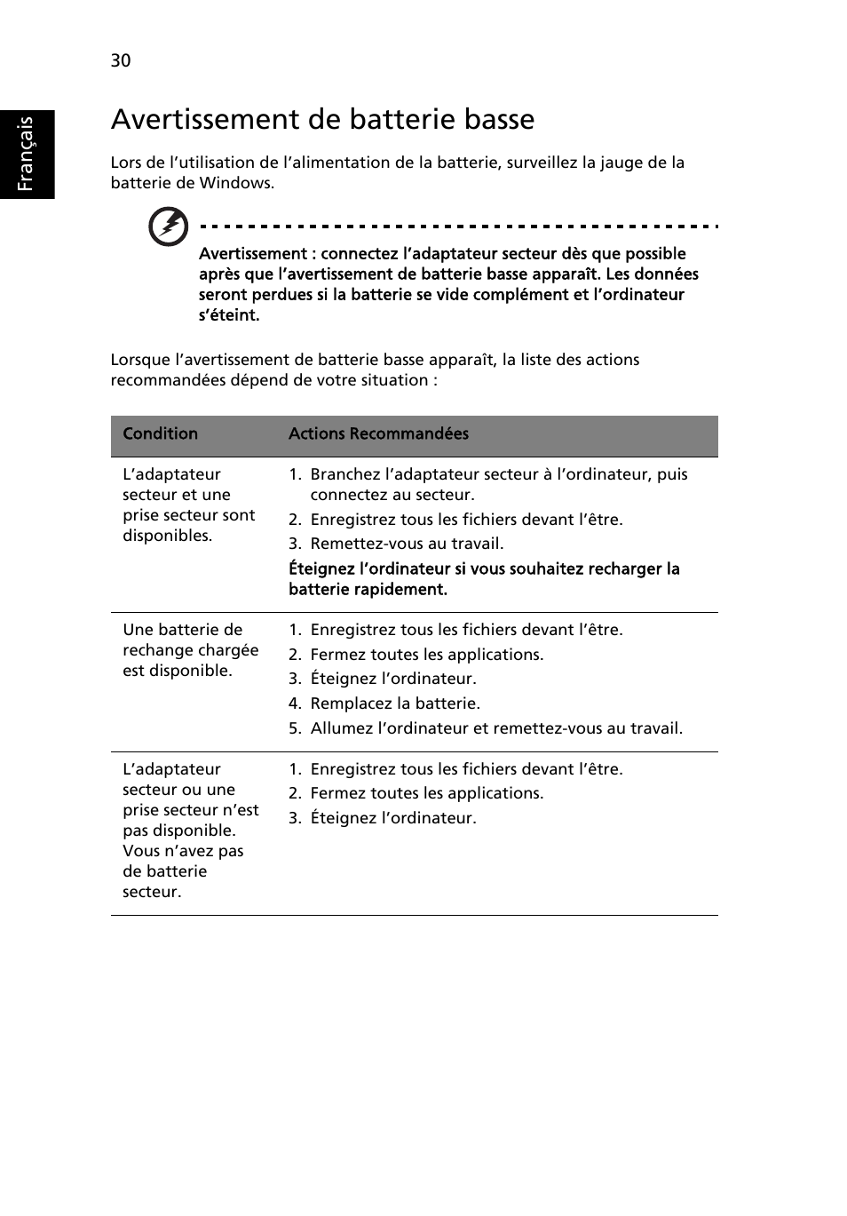 Avertissement de batterie basse | Acer Aspire 4253 User Manual | Page 128 / 2348