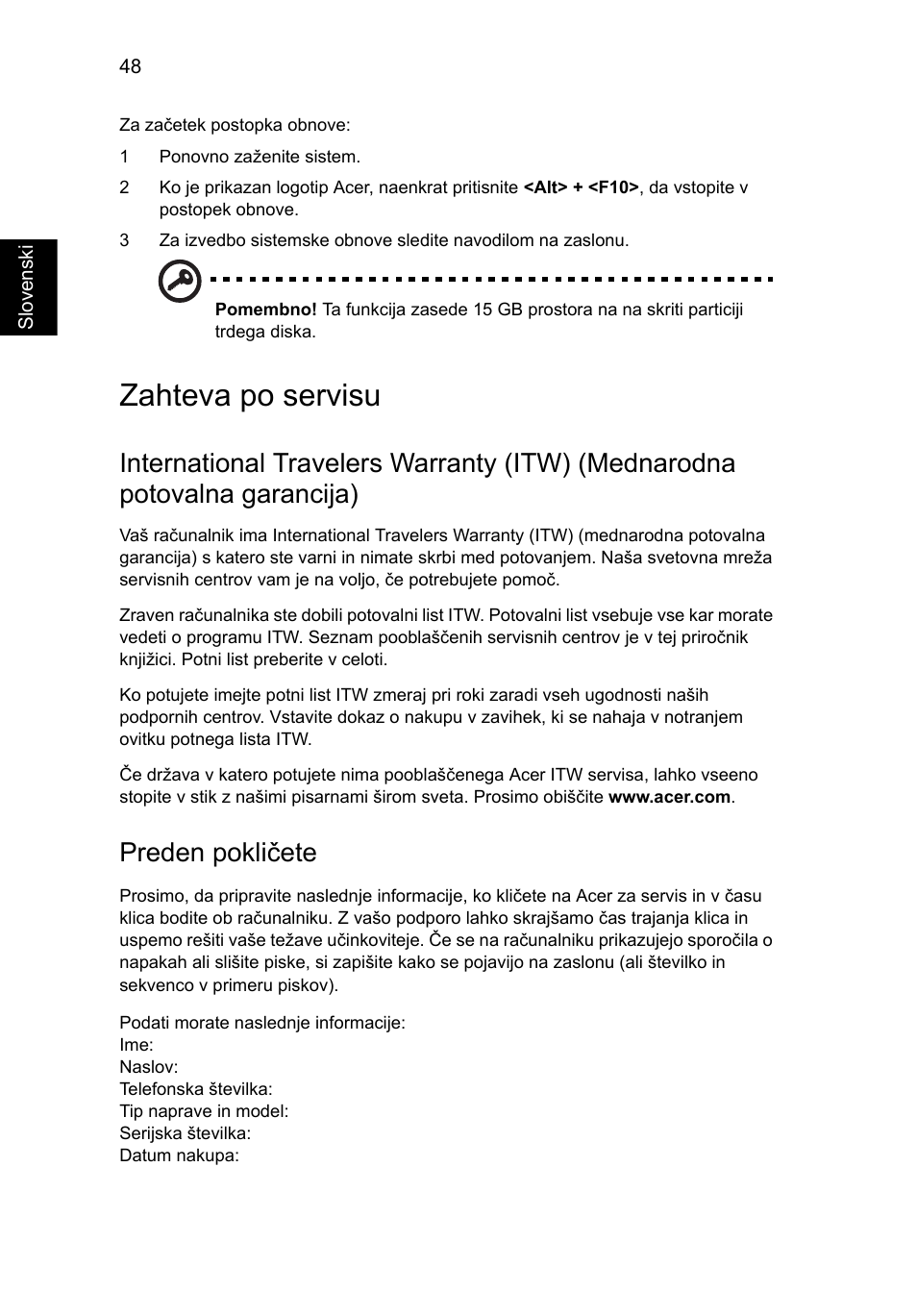 Zahteva po servisu, Preden pokličete | Acer Aspire 4253 User Manual | Page 1284 / 2348