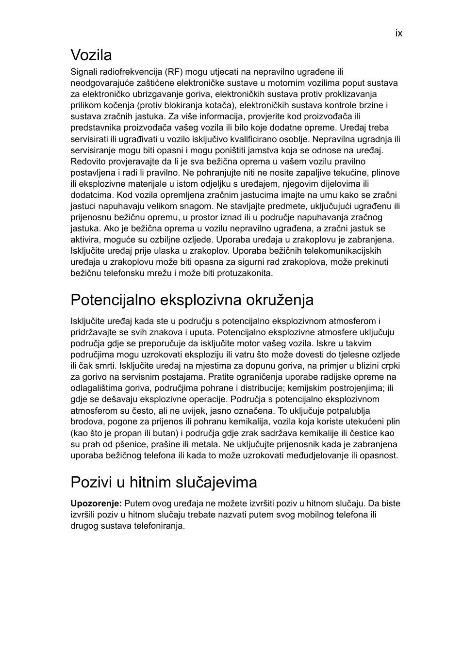 Vozila, Potencijalno eksplozivna okruženja, Pozivi u hitnim slučajevima | Acer Aspire 4253 User Manual | Page 1301 / 2348