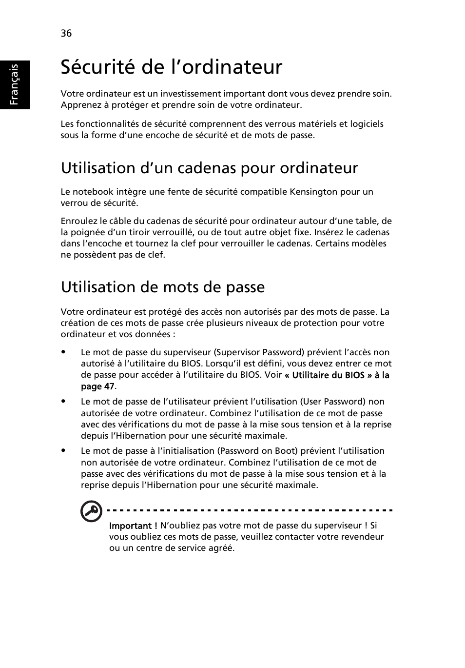 Sécurité de l’ordinateur, Utilisation d’un cadenas pour ordinateur, Utilisation de mots de passe | Acer Aspire 4253 User Manual | Page 134 / 2348