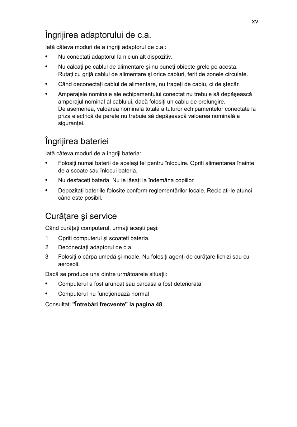 Îngrijirea adaptorului de c.a, Îngrijirea bateriei, Curăţare şi service | Acer Aspire 4253 User Manual | Page 1383 / 2348