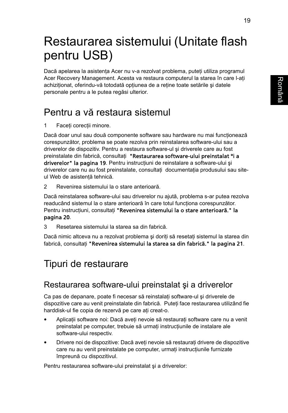 Restaurarea sistemului (unitate flash pentru usb), Pentru a vă restaura sistemul, Tipuri de restaurare | Acer Aspire 4253 User Manual | Page 1407 / 2348