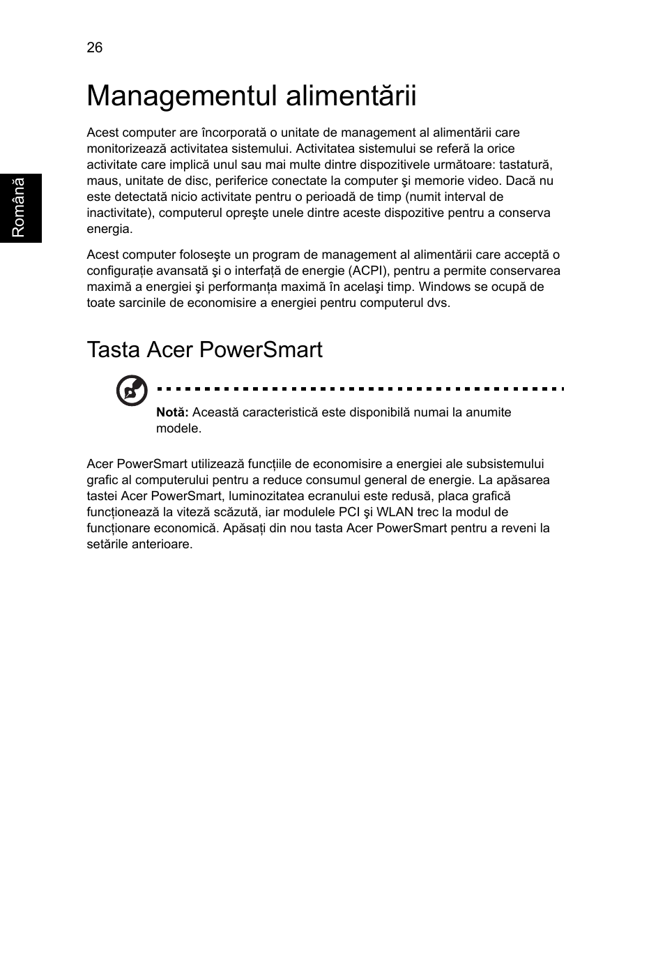 Managementul alimentării, Tasta acer powersmart | Acer Aspire 4253 User Manual | Page 1414 / 2348