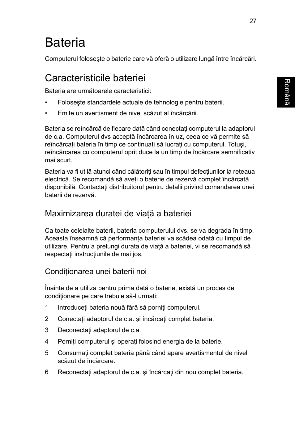 Bateria, Caracteristicile bateriei, Maximizarea duratei de viaţă a bateriei | Acer Aspire 4253 User Manual | Page 1415 / 2348