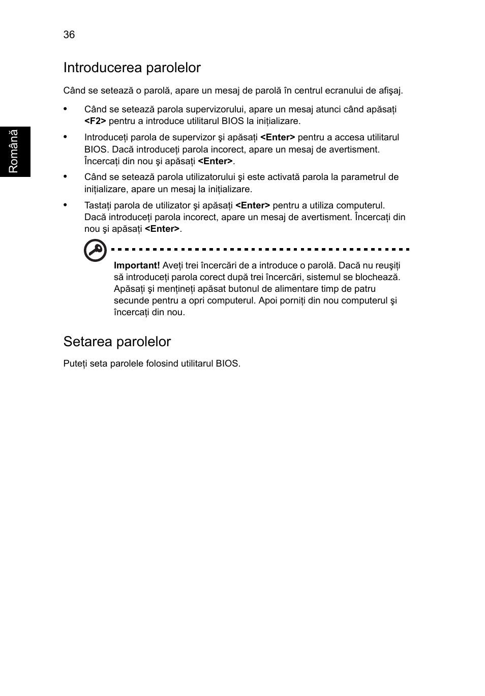 Introducerea parolelor, Setarea parolelor | Acer Aspire 4253 User Manual | Page 1424 / 2348
