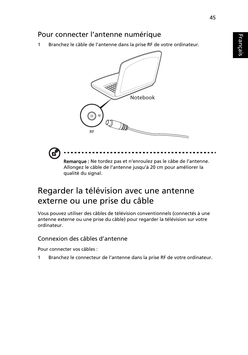 Pour connecter l’antenne numérique, Français | Acer Aspire 4253 User Manual | Page 143 / 2348