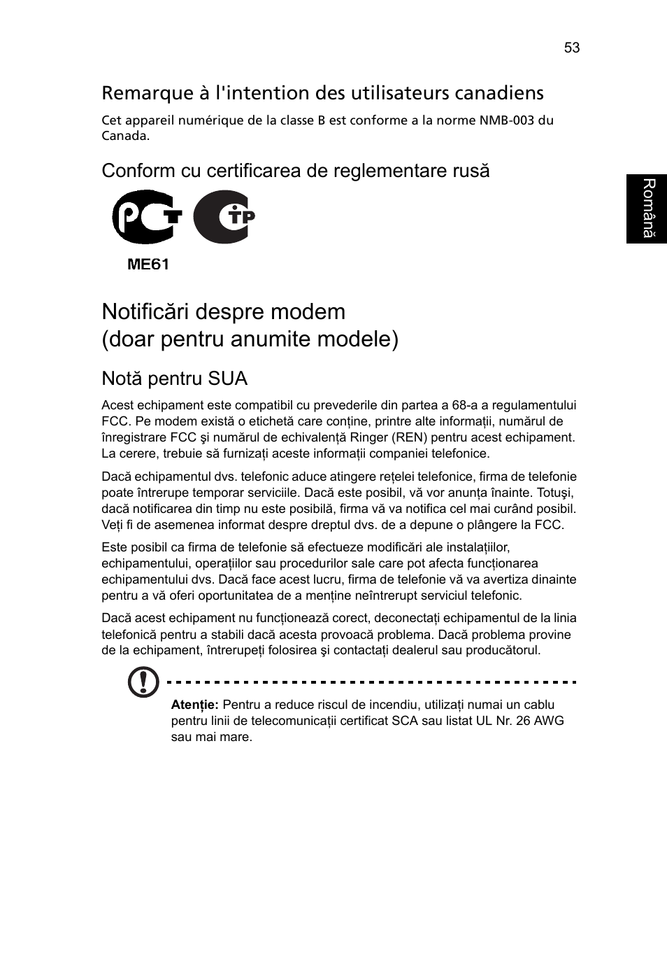 Remarque à l'intention des utilisateurs canadiens, Conform cu certificarea de reglementare rusă, Notă pentru sua | Acer Aspire 4253 User Manual | Page 1441 / 2348