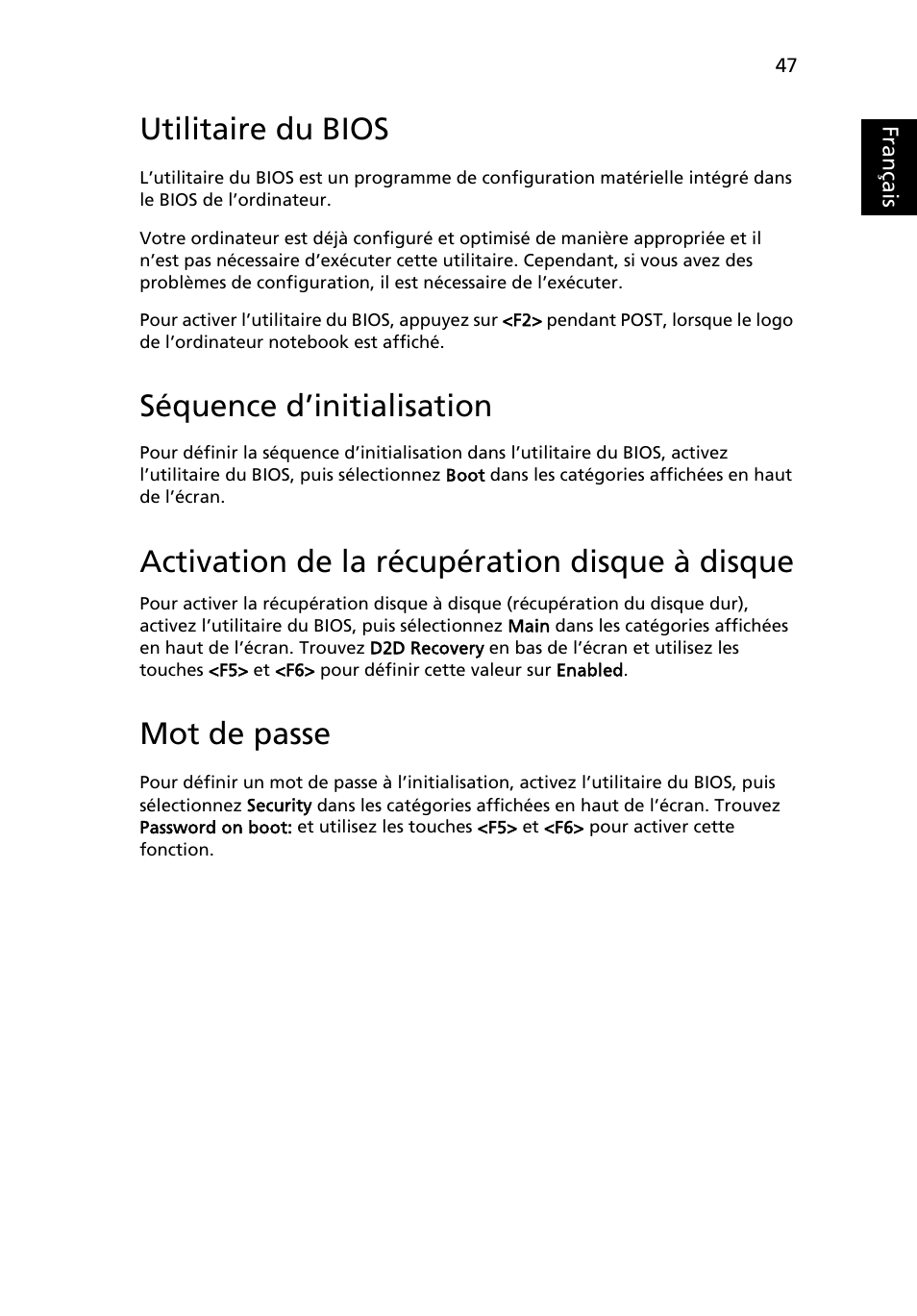 Utilitaire du bios, Séquence d’initialisation, Activation de la récupération disque à disque | Mot de passe, Français | Acer Aspire 4253 User Manual | Page 145 / 2348