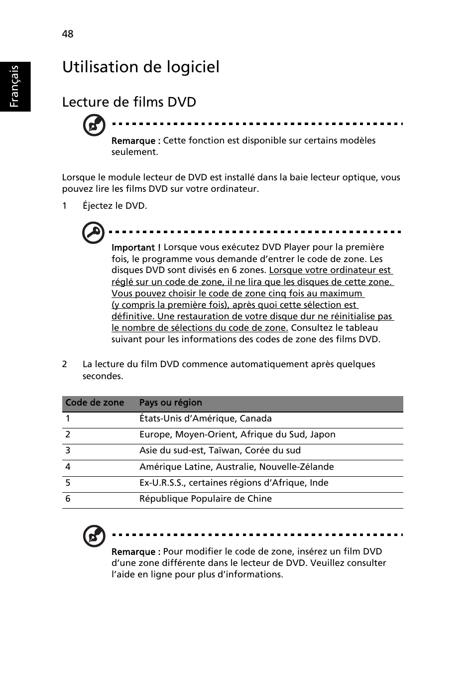 Utilisation de logiciel, Lecture de films dvd | Acer Aspire 4253 User Manual | Page 146 / 2348