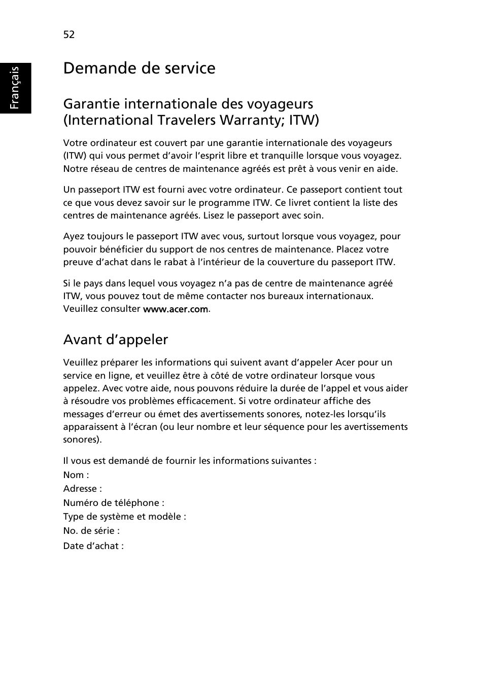 Demande de service, Avant d’appeler | Acer Aspire 4253 User Manual | Page 150 / 2348